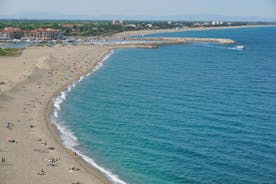 photo of aerial view of Argelès-sur-Mer with sandy beach in the Pyrénées, France.