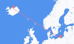 航班从波兰格但斯克市到阿克雷里市，冰岛塞尔