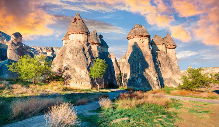 Photo of magic fungous forms of sandstone in the canyon near Cavusin village, Cappadocia, Nevsehir Province.