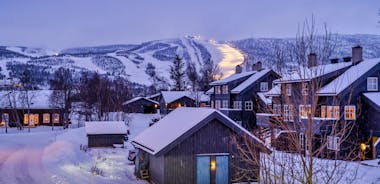photo of panorama of ski resort with ski slopes and approaching snowstorm in Geilo, Norway.
