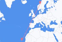 Flyg från Boa Vista (kommun i Brasilien, Roraima, lat 3,19, long -60,61), Kap Verde till Trondheim, Norge