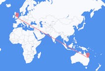 Flyrejser fra Biloela, Australien til London, England