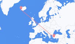 Fly fra byen Denizli, Tyrkiet til byen Reykjavik, Island