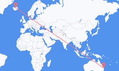 Fly fra byen Brisbane, Australien til byen Akureyri, Island