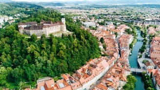 Photo of aerial view across the valley towards the settlements of Spodnje Gorje near Bled, Slovenia.