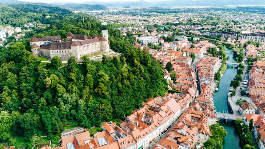 Photo of aerial view of Ljubljana, capital of Slovenia.