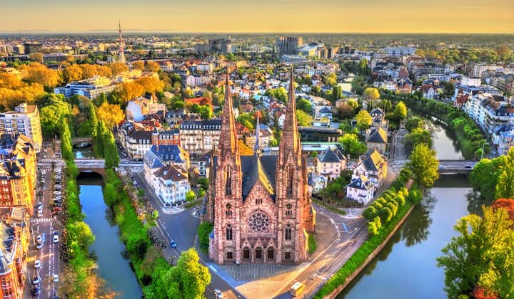 Photo of aerial view of the Saint Paul Church in Strasbourg, France.