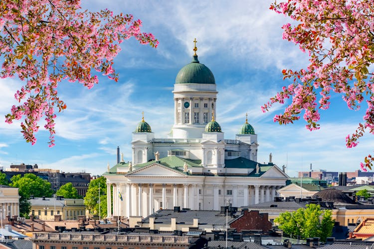 Photo of Helsinki Cathedral over city center in spring.