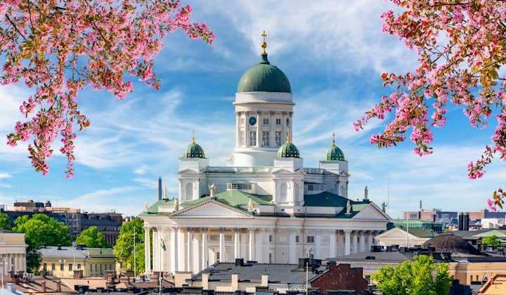 Photo of Helsinki Cathedral over city center in spring.