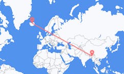 航班从印度迪马普尔市到阿克雷里市，冰岛塞尔
