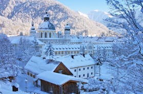 Photo of aerial panoramic view of Oberammergau town in the district of Garmisch-Partenkirchen in Bavaria, Germany.