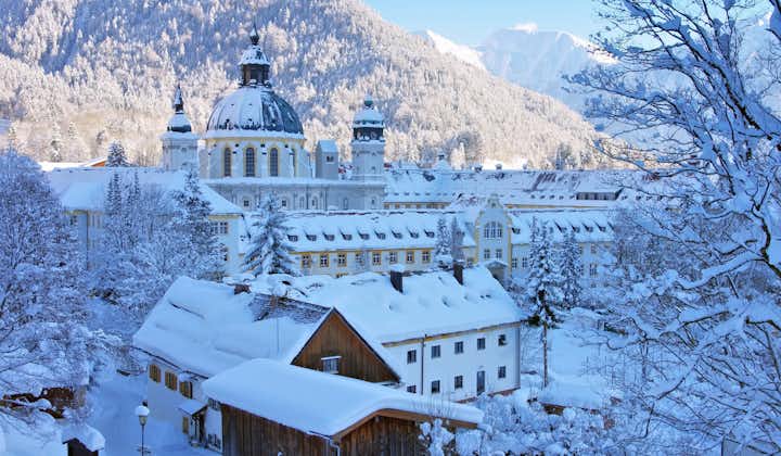 Photo of Ettal Abbey during the winter is a Benedictine monastery in the village of Ettal close to Oberammergau, Germany.