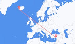 航班从土耳其阿达纳市到雷克雅维克市，冰岛塞尔