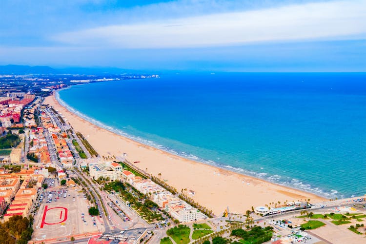 Photo of Valencia city beach aerial panoramic view.