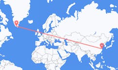 中国の上海から、グリーンランドのナルサクまでのフライト