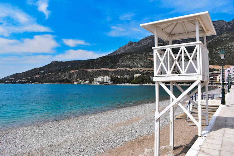 Photo of lifeguard tower in Loutraki beautiful beach, Greece.