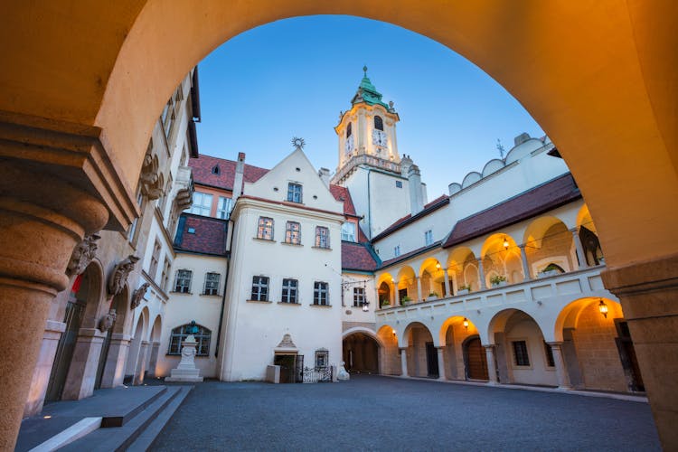  Image of Town Hall Buildings and Clock Tower of Main City Square in Old Town Bratislava, Slovakia.