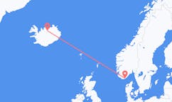 Fly fra byen Kristiansand, Norge til byen Akureyri, Island