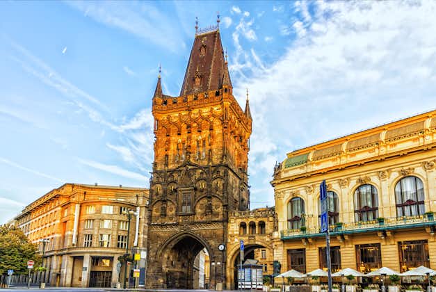 Photo of Powder tower (Prasna Brana) and Municipal House (Obecni Dum) on Republic square, Prague, Czech Republic.