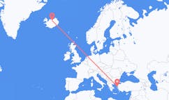 Flyreiser fra byen Mytilene, Hellas til byen Akureyri, Island