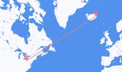 航班从美国匹兹堡市到埃伊尔斯塔济市，冰岛塞尔