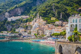 Photo of aerial morning view of Amalfi cityscape on coast line of Mediterranean sea, Italy.