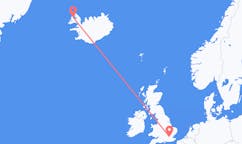 Vluchten van de stad London naar de stad Ísafjörður