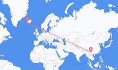 航班从中国昆明市市到雷克雅维克市，冰岛塞尔