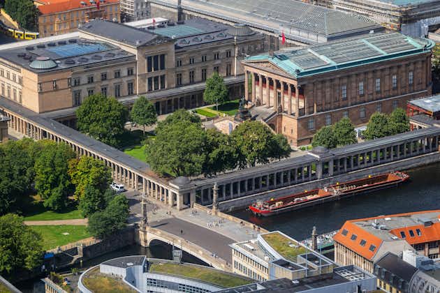 City of Berlin in Germany. Aerial view over Museum Island with Old National Gallery (Alte Nationalgalerie, 1876), the Colonnade and New Museum (1855) building.