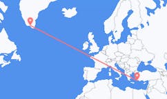 Flyg från Narsaq, Grönland till Rhodes, England, Grekland