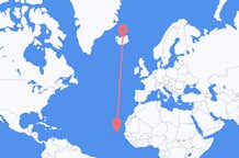Flyg från Boa Vista (kommun i Brasilien, Roraima, lat 3,19, long -60,61), Kap Verde till Akureyri, Island