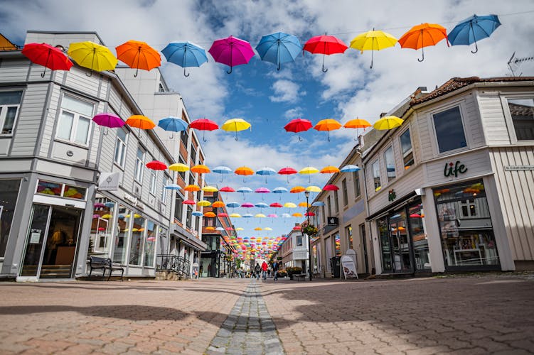  Photo of the umbrellas in the walking street in Trondheim, Norway