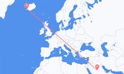 Fly fra byen Al-Qassim-regionen, Saudi-Arabien til byen Reykjavik, Island