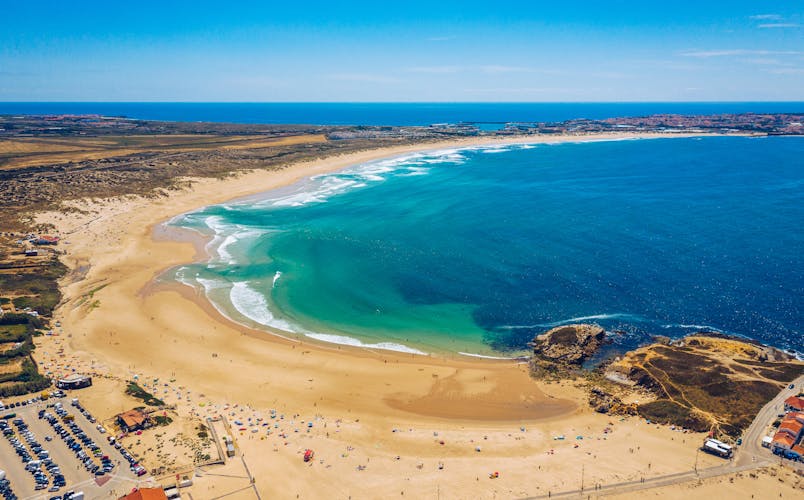 Photo of Campismo beach and Dunas beach and Island Baleal near Peniche on the shore of the Atlantic ocean.