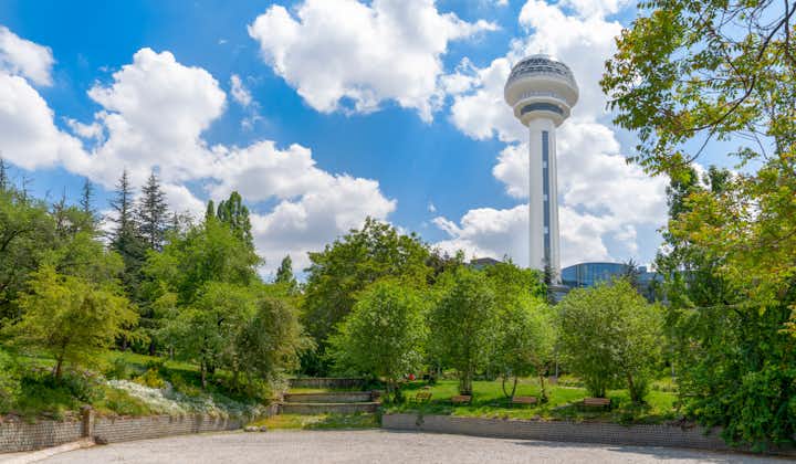 Photo of botanical Garden and Atakule in background in the spring, Ankara.