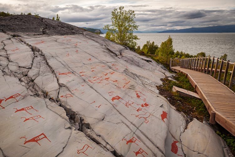 Prehistoric petroglyphs landscape view in Alta, Norway.