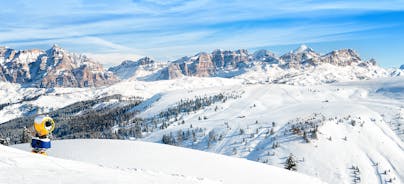 photo of Ski Resort of Corvara on a sunny day, Alta Badia, Dolomites Alps, Italy.