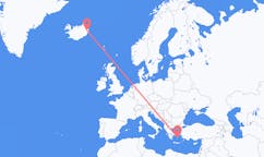 航班从希腊纳克索斯市到埃伊尔斯塔济市，冰岛塞尔