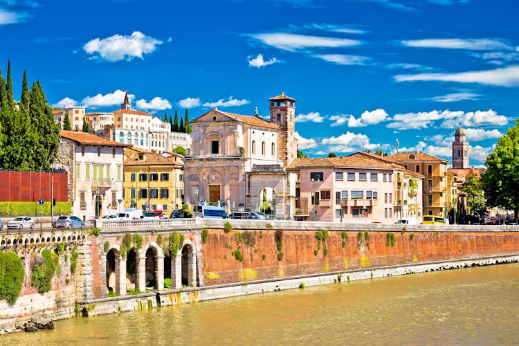 Photo of City of Verona Adige riverfront view, colorful architecture of tourist destination in Veneto region, Italy