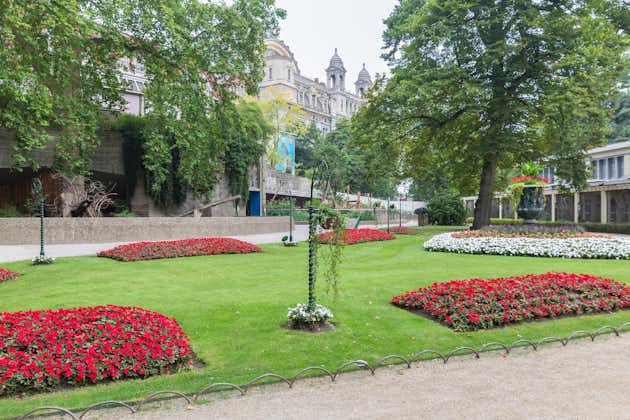 Photo of lawn in Antwerp Zoo with the central station at the background, Belgium.