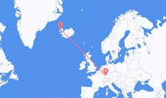 航班从德国卡尔斯鲁厄市到伊萨菲厄泽市，冰岛塞尔