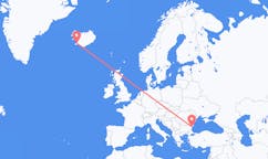 航班从冰岛雷克雅维克市到瓦尔纳市，保加利亚塞尔