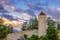 photo of Schirmerturm tower at city wall of Lucerne at sunset in Switzerland.