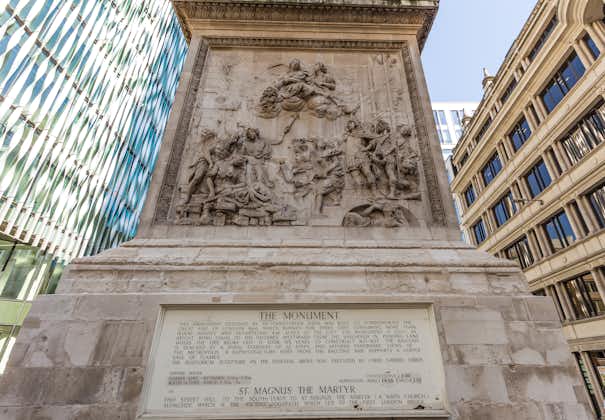 Photo of details of Monument to the Great Fire of London , UK.