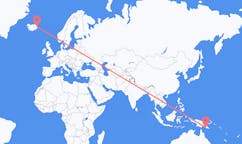 Flyreiser fra byen Port Moresby, Papua Ny-Guinea til byen Egilsstaðir, Island