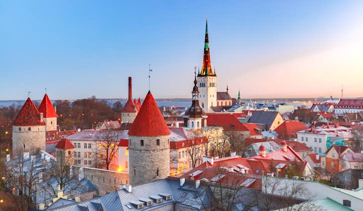 Photo of aerial cityscape with Medieval Old Town, St. Olaf Baptist Church and Tallinn City.