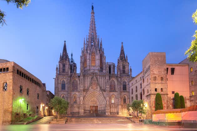 Photo of Cathedral of the Holy Cross and Saint Eulalia during morning blue hour, Barri Gothic Quarter in Barcelona, Catalonia, Spain.