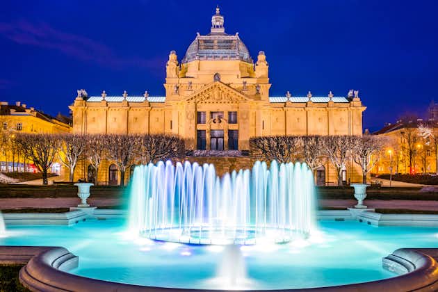 Photo of Art pavilion and fountain in Zagreb in night capital of Croatia.