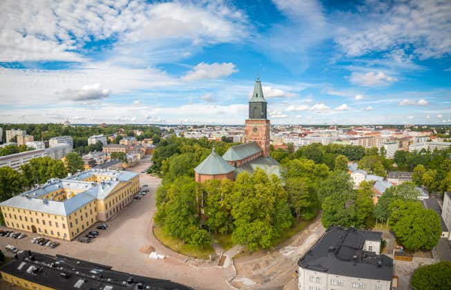 Photo of aerial panorama of Turku Cathedral and the city center at sunny summer day.