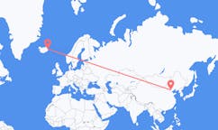 航班从中国北京市市到埃伊尔斯塔济市，冰岛塞尔